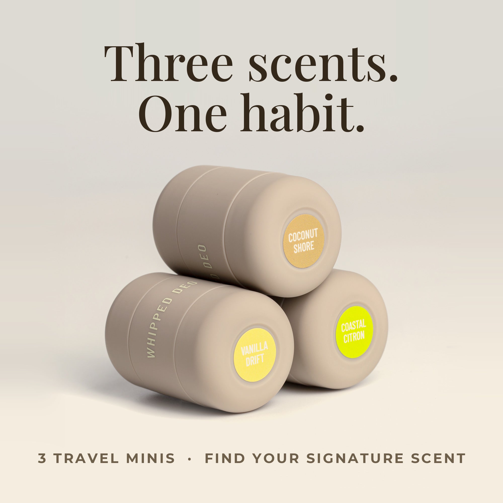 Three scents, one habit — the Roon Discovery Set's three travel minis: Coastal Citron, Coconut Shore and Vanilla Drift