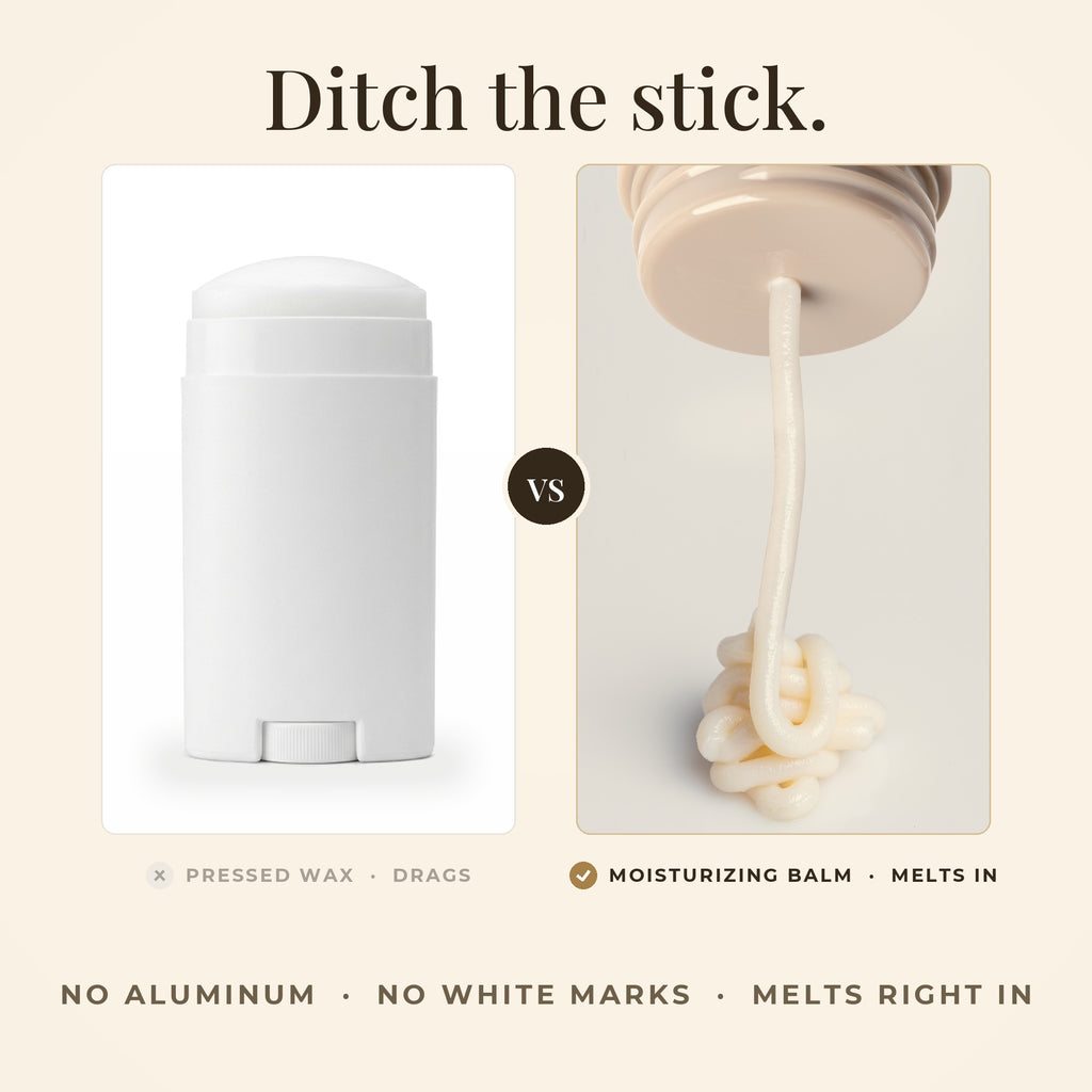 Ditch the stick — a pressed wax stick drags, Roon's silky balm melts in. No aluminum, no white marks.