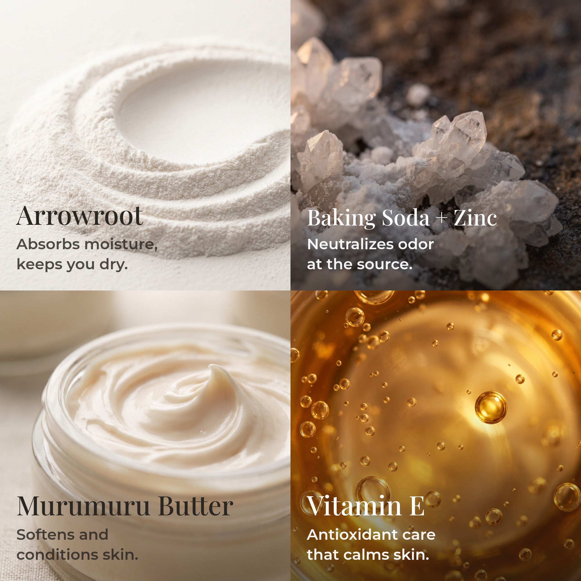 Roon's key ingredients — arrowroot to absorb moisture, baking soda and zinc for odor, murumuru butter and vitamin E for skin