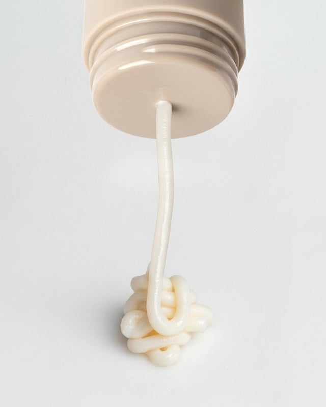 A thick ribbon of Roon's waterless balm being dispensed from the tube, holding its shape as it lands